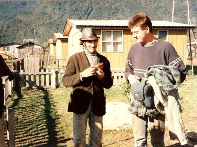 Mark being presented a model boat by local village carpenter on Operation Raleigh, Chile 1986